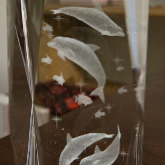 3D Laser Etched Crystal 6" Tall Dolphins & Fish - Picture 3 of 4